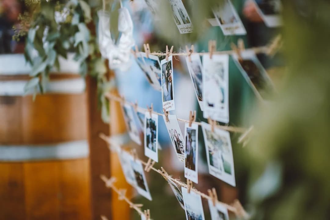 Pictures of various memories from life sticked on a string